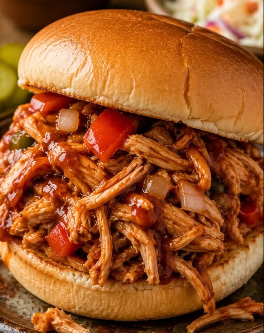 BBQ Shredded Chicken Sandwiches with Softened Peppers and Onions